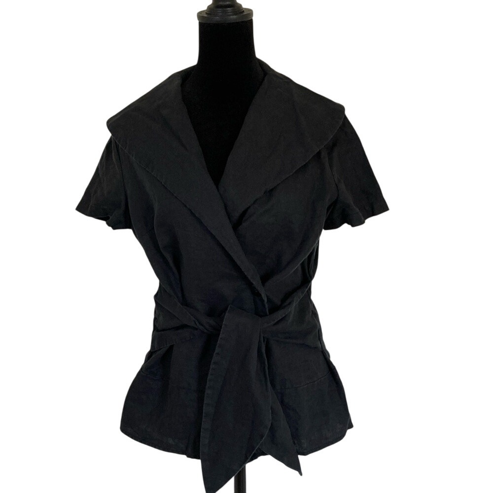Grace Elements Women's Black Linen Wrap Blouse Size 8 Career Summer Beach